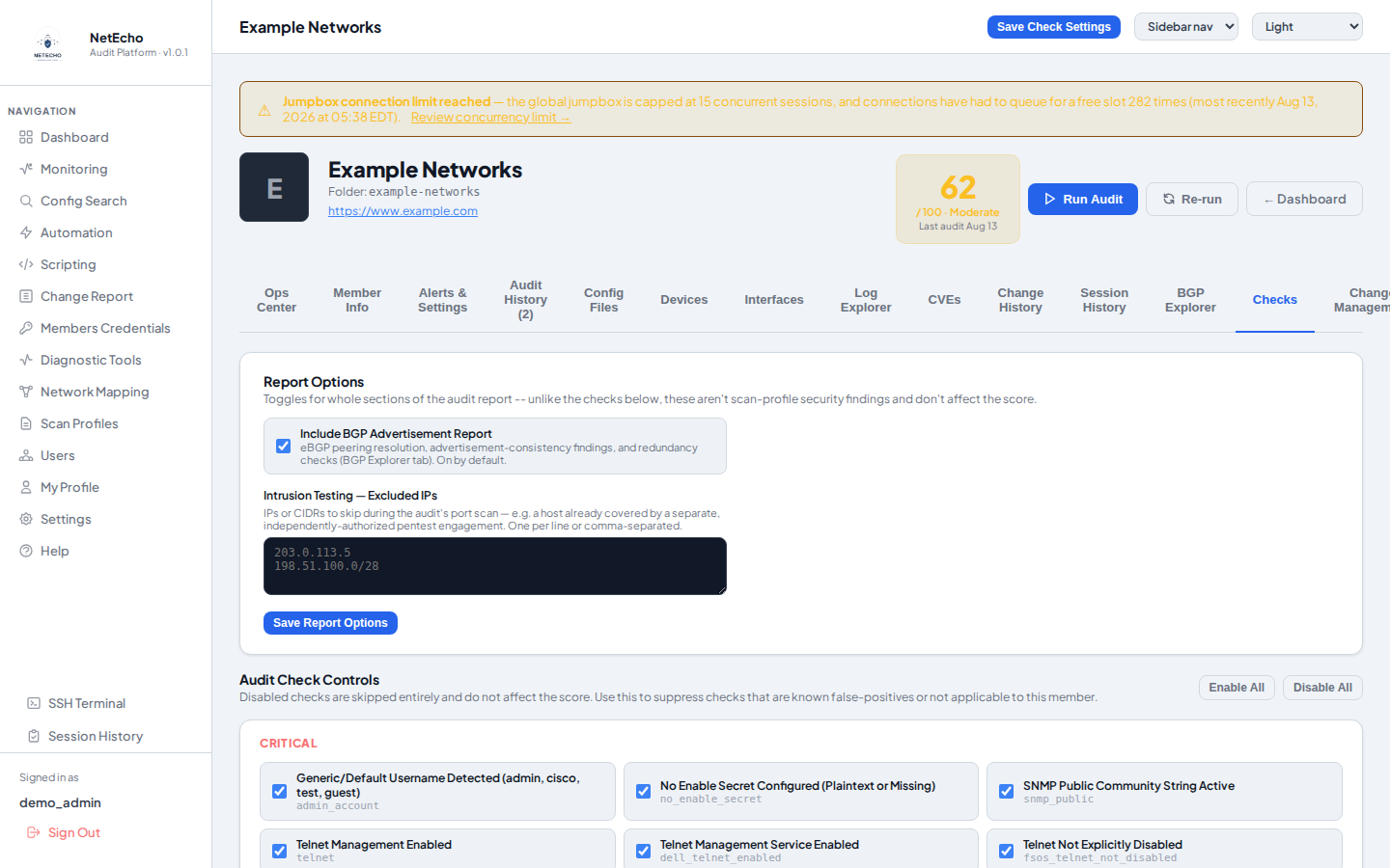 The audit check library for a demo member, grouped by severity, each individually toggleable