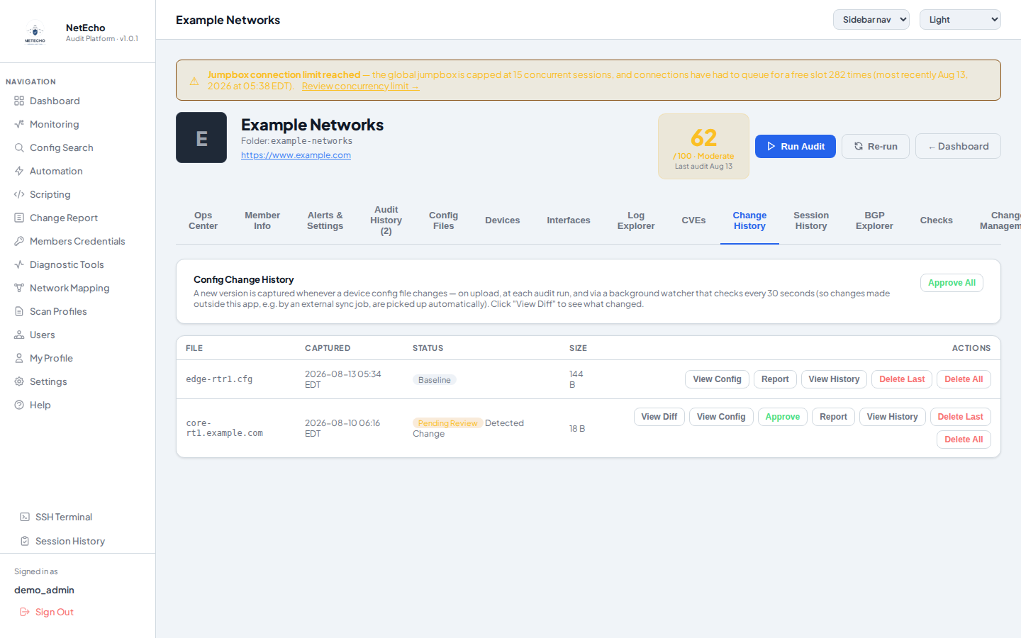 Config Change History for a demo device, showing a pending-review config version awaiting approval