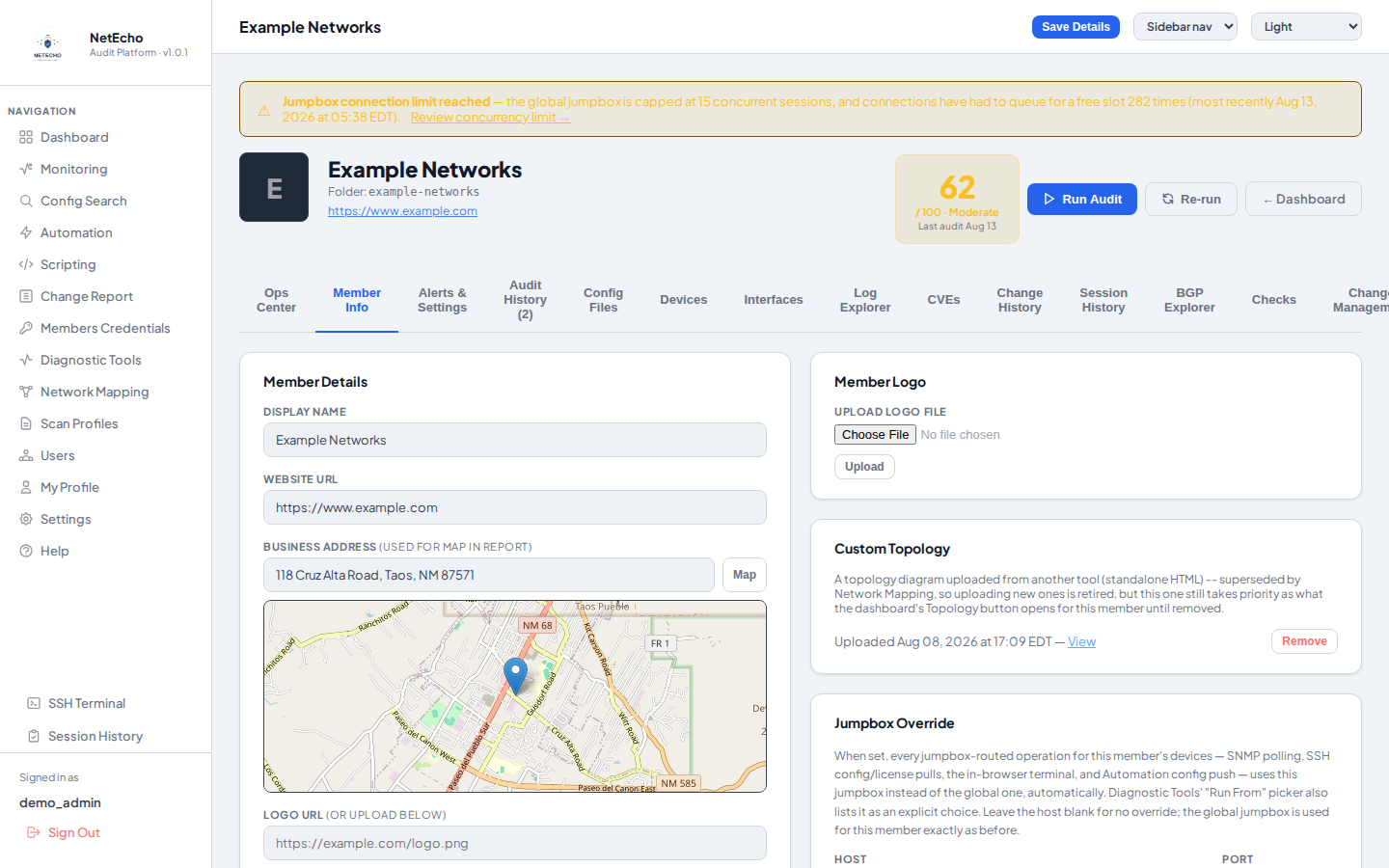 NetEcho member page for a demo network (“Example Networks”) showing the audit score and full tab set