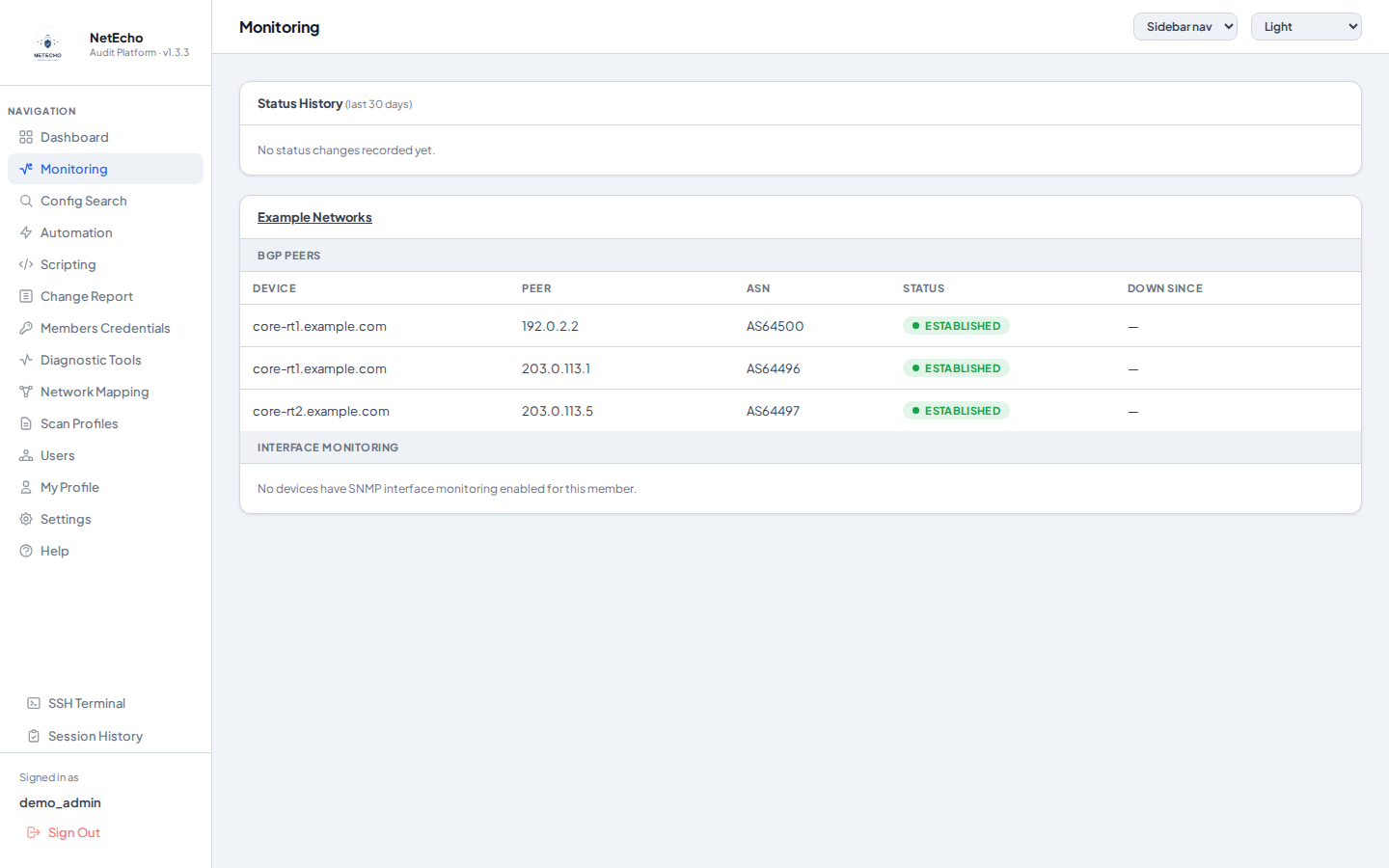 Monitoring page Status History and per-device ping status for a demo network, showing a live up/down mix